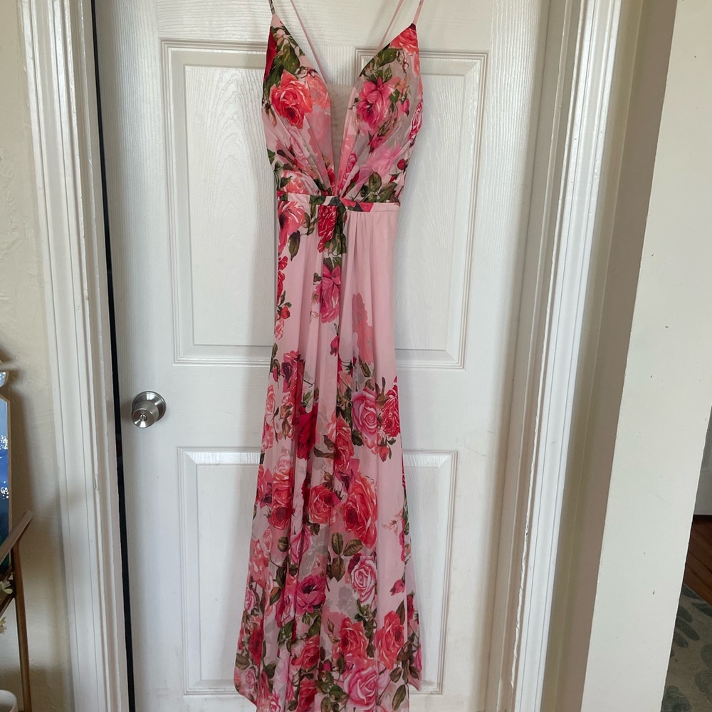 Cachet Pink Floral Maxi Dress with Red Rose Print